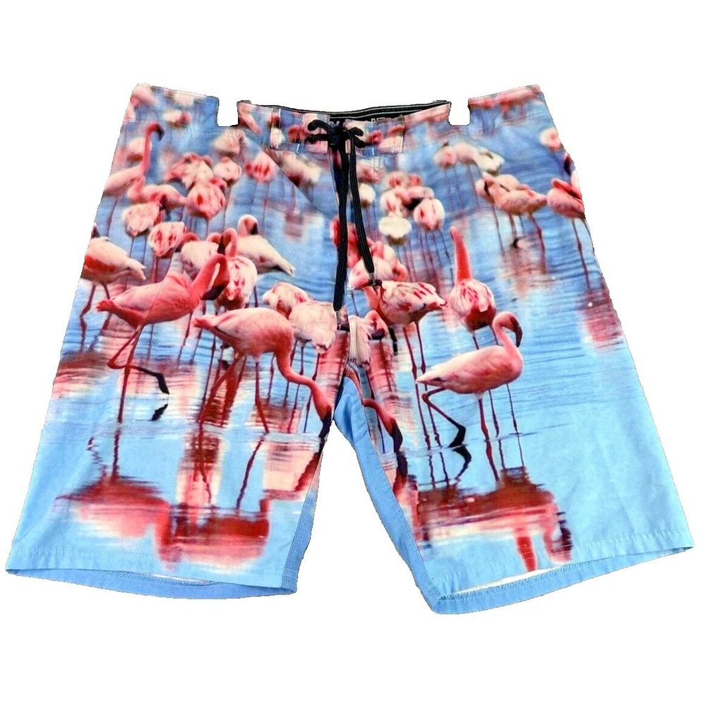 Old Navy Men's 38 Blue Pink Flamingo Hybrid Board Shorts Swim‎ Tropical Boho Fun